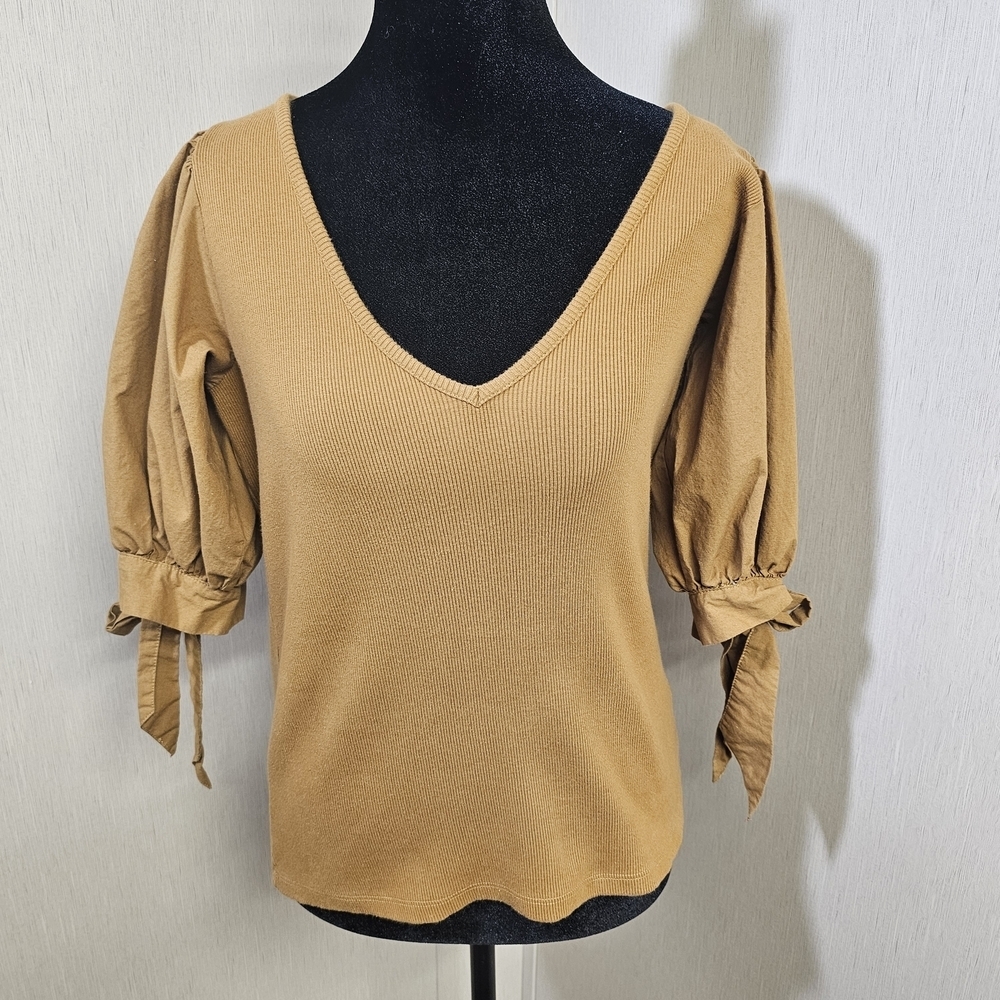 Anthropologie Maeve Puff Sleeve V-Neck Camel Blouse Top Size Medium